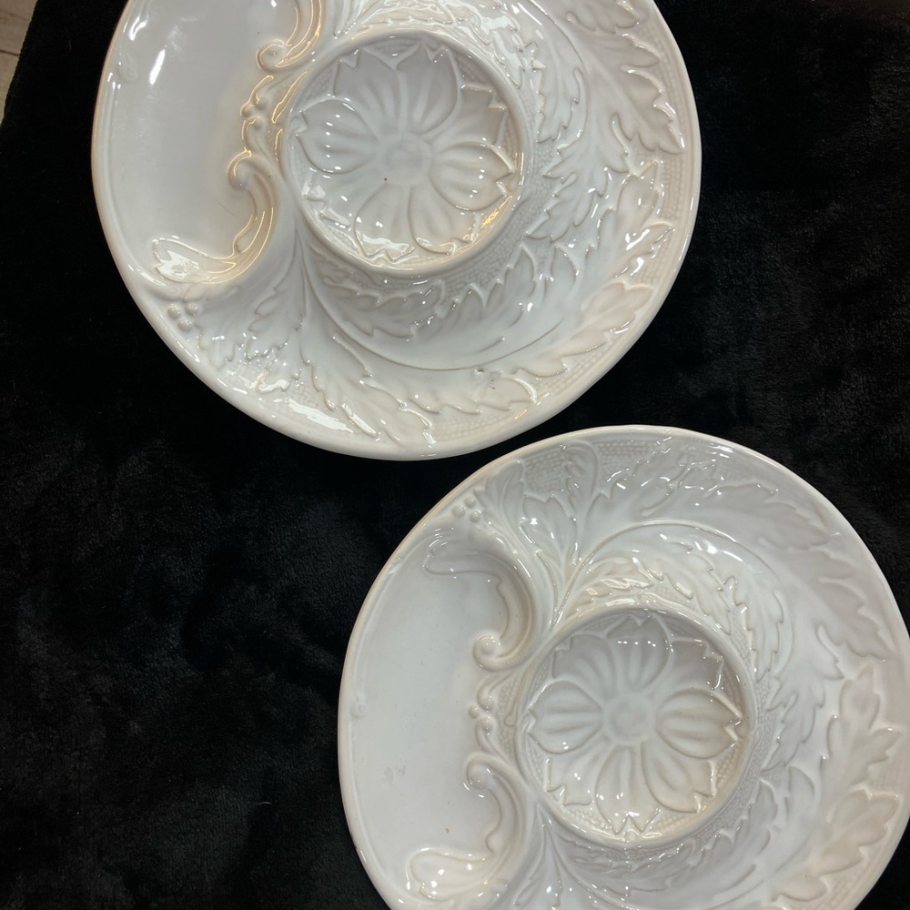 Elegant White Embossed Artichoke/ Dip Plates Set of 2, made in Portugal